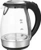 A clear studio shot of a glass electric kettle.