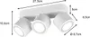 A white ceiling light with three adjustable spotlights, with dimensions indicated by measurement lines and text. Produktbild-Vorschau