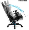 A black gaming chair is shown from the side, with a blue spring graphic indicating its tilt function. Voir les images du produit