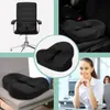 A collage of images showing a black orthopedic seat cushion in various settings, including an office chair, a car seat, and a sofa, with a smiling woman in an office environment. Podgląd zdjęcia produktu