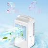 A white portable air cooler with blowing fan and leaves. Text overlays indicating '2H' and '4H'. Produktbild-Vorschau