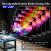 A projector projecting a colorful image onto a screen, with text overlays describing features. Produktbild-Vorschau