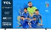 A marketing image for a TCL 98-inch 4K HDR 144Hz TV, featuring Italian soccer players. Produktbild-Vorschau