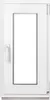 A white PVC window with a clear glass pane and a silver handle, shown against a white background. Anteprima dell’immagine prodotto