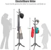 Two coat racks of different heights are shown with silhouettes of a woman and a child, indicating adjustable height for adults and children. Accessories like hats, scarves, and bags are displayed on the coat racks. Produktbild-Vorschau