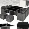 A collection of images showcasing a rattan furniture set, including chairs, a table, ottomans, and a cover, with water droplet graphics in the background. Náhled obrázku produktu