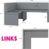Two views of a gray corner bench with dimensions labeled. The top view is a perspective of the bench, and the bottom view is a top-down schematic. Voir les images du produit