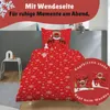 A Christmas-themed duvet cover set with a reindeer motif is displayed on a bed. A circular overlay highlights details of the pillowcases. Produktbild-Vorschau