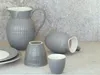 A collection of grey ceramic pitchers and cups arranged on a grey countertop with a grey stone-like background. Produktbild-Vorschau