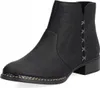 A black leather ankle boot with decorative stitching is shown against a white background. Náhled obrázku produktu