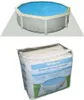 An image showing a pool cover in its packaging and a pool with a cover on it. Produktbild-Vorschau