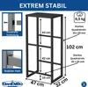 Product information collage for a black metal shelving unit, including dimensions, weight, and connection details. Anteprima dell’immagine prodotto