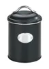 A black storage tin with a silver label and handle, shown against a white background. Produktbild-Vorschau