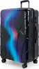 A black suitcase with a neon blue and red abstract design on the front, shown from a slightly angled front view on a white background.