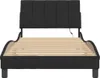 A black upholstered bed frame with a slatted wooden base, shown from the front. Podgląd zdjęcia produktu
