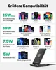 A collage of different smartphone models and a wireless charger, illustrating compatibility and charging speeds. Produktbild-Vorschau