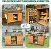 Collage of lifestyle images showcasing a wooden kitchen island/cart in various settings, including indoors, outdoors with a grill, and with plants. Produktbild-Vorschau