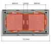 A top-down view of a white electrical outlet with two orange inserts, showing dimensions. Produktbild-Vorschau