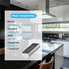 A kitchen counter with a range hood and cabinets in the background, and a list of compatible brands and product codes overlaid on the image. Produktbild-Vorschau
