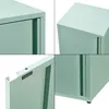 A collage of four close-up images showing different angles and details of a mint green metal cabinet. Náhled obrázku produktu