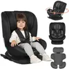 A child is sitting in a black car seat, with additional images of the car seat shown separately. Produktbild-Vorschau