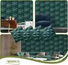 A collage of images showing 3D wall panels in a dark green color, displayed in different room settings and as individual panels. Podgląd zdjęcia produktu