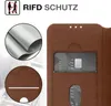 Close-up of a brown leather flip phone case with card slots and RFID protection. Produktbild-Vorschau