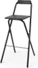 A black folding bar stool is shown against a white background.