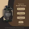 A product shot of a bottle of black garlic capsules with marketing text and feature callouts. Produktbild-Vorschau