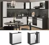 A modern kitchen with white and anthracite cabinets, a dark countertop, and a round dining table with chairs. Náhled obrázku produktu