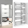 A white shoe cabinet with a mirror and an open view of its interior storage shelves. Produktbild-Vorschau