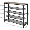 A four-tiered shoe rack with a wooden top and metal mesh shelves, showing dimensions. Náhled obrázku produktu