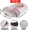 A large, plush dog bed with a blanket and pillow, showing dimensions and features. Produktbild-Vorschau
