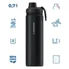 A black thermos bottle with various icons and text indicating its features and capacity. Produktbild-Vorschau