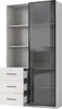 A white cabinet with three drawers on the left and a glass door on the right, showing shelves inside. Náhľad obrázku produktu