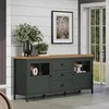 A dark green sideboard with a wood-effect top sits against a white shiplap wall, with a framed picture above and a doorway in the background. Podgląd zdjęcia produktu