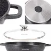 A collage of close-up images showing different parts of a speckled black pot with a glass lid and a textured base. Produktbild-Vorschau