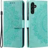 A teal flip case for a Samsung Galaxy A54 5G phone with a mandala pattern. Produktbild-Vorschau