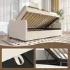 A beige upholstered bed frame with its mattress base lifted to reveal storage space underneath. The image is split into three sections, with the main section showing the bed and two smaller inset images highlighting details of the bed's construction and st Náhled obrázku produktu