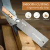 A person is using a Japanese pull saw to cut a piece of wood. The image includes marketing text and icons highlighting product features. Náhled obrázku produktu