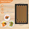 A collage showing a warming plate with food and descriptive text. Produktbild-Vorschau