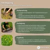 An instructional graphic showing how to lay a wildflower meadow mat, with images of preparation, laying the mat, and the final result. Produktbild-Vorschau