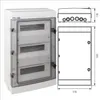 A white electrical distribution box with a transparent door, shown with technical drawings indicating dimensions. Produktbild-Vorschau
