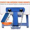 A close-up view of a blue screen printing machine with text overlays highlighting features. Podgląd zdjęcia produktu