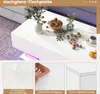 A collage of images showcasing a white high-gloss coffee table with LED lighting, its features, and details. Voir les images du produit