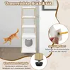 A cat tree with multiple shelves and a cat house, shown with text overlays highlighting stability features. Produktbild-Vorschau