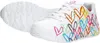 A pair of white sneakers with colorful heart designs. Voir les images du produit