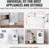 Collage showing a washing machine stand, a refrigerator on a stand, and a washing machine and dryer stacked on stands. Voir les images du produit