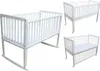 A collage of three white baby cribs, one in the foreground and two in the background. Produktbild-Vorschau