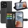 A collage of images showing a black leather wallet case for a smartphone, with cards and cash inserted. Produktbild-Vorschau